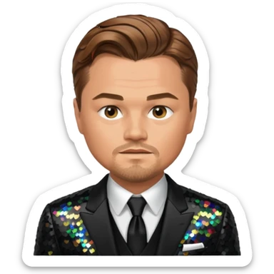Leonardo DiCaprio with light brown hair, black sequin suit sticker