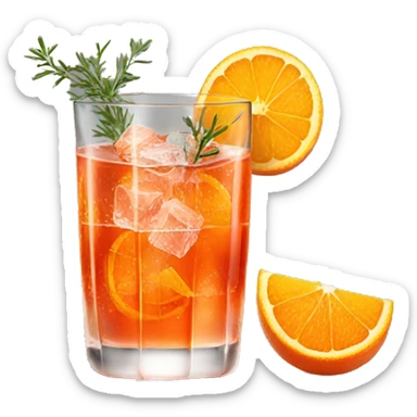 One Aperol spritz in a glass with three ice cubes, one slice of an orange, and one strand of thyme in it sticker