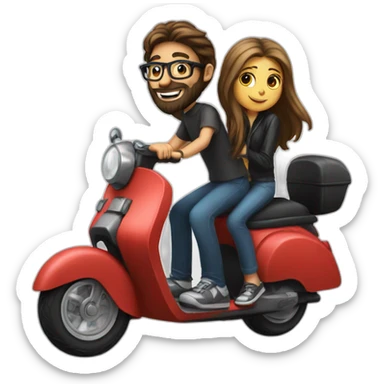 Boy with long hair, beard, and glasses, riding a black scooter with a girl on the back sticker