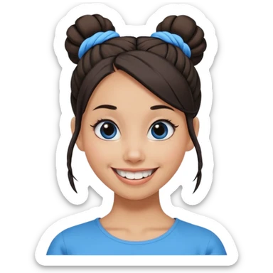 Now tied up her hair in a half-bun ,the on her head is black, while her bang is blue. Bigger eyes and brighter smile, show teeth while smiling sticker
