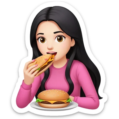 White girl in pink clothes and long black hair eating burger and pizza sticker
