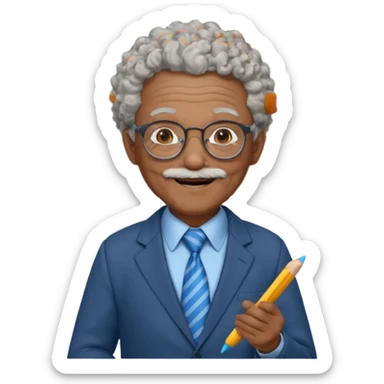 old man teacher, brown skin, curly grey white hai, wearing glasses, brown suit, blue tie hold chalk on hand sticker
