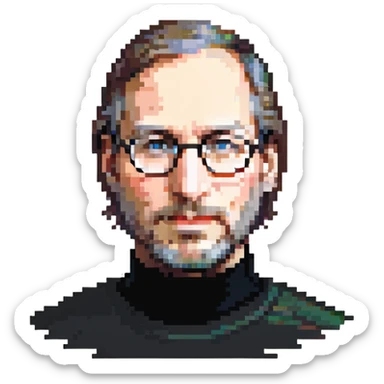 Steve Jobs with black turtleneck, round glasses, beard sticker