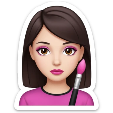 White girl with straight dark brown hair and dark brown eyes, pink lips, "clean girl" makeup  sticker