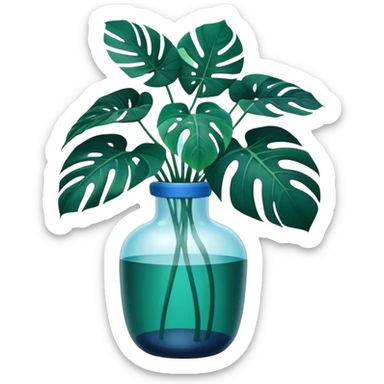 Aesthetic monstera flower in deep bottle green color in a beautiful blue pot sticker