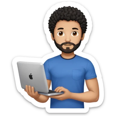 men holding his computer in hands. light brown skin men with curly black hair, dark brown eyes, little grown beard. ust a tiny bit muscular. dressed casual. round face. Dont Apple book  sticker