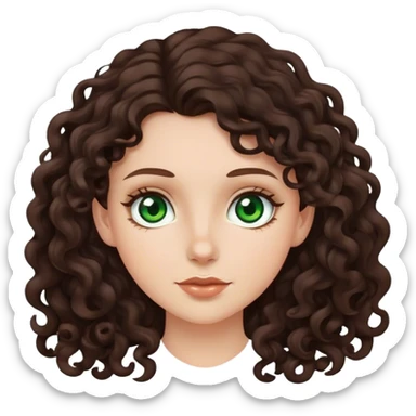 white girl with long dark brown curly hair and green eyes sticker