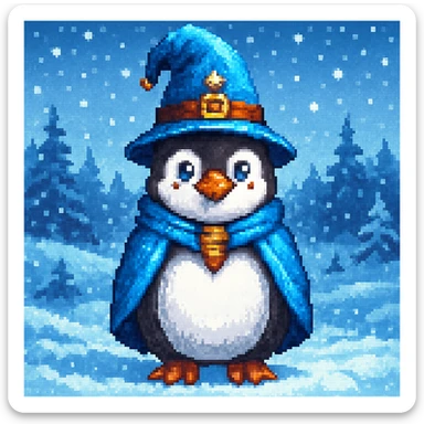 Make a snowy landscape background behind the penguin wizard, keep all original colours and lighting in pixel art style sticker