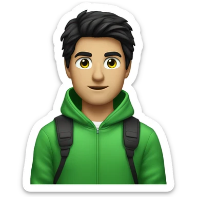 A young man with black hair, a Tom Cruise hairstyle, and green eyes. Wearing a green hoodie. Programmer sticker