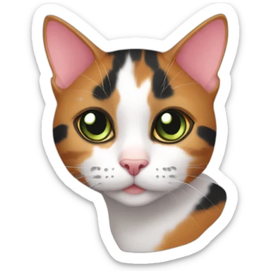 young striped calico cat face with a pink nose, white chin, green eyes, and orange/brown markings, orange tip on one ear sticker
