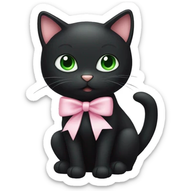 black cat with green eyes with a babypink bow on its tail sticker