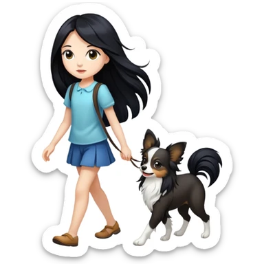 A girl with long black hair walking a papillon sticker