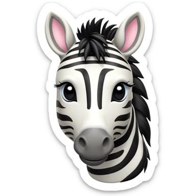 Cinematic Cute Zebra Portrait Emoji, Head tilted playfully and inquisitively, featuring a glossy, intricately striped fur of black and white, a refined, horse-like head with a long snout and alert ears, and round, sparkling eyes filled with curious wonder, Simplified yet irresistibly adorable features, highly detailed, glowing with a warm, friendly glow, high shine, affectionate and spirited, stylized with a touch of savannah whimsy, bright and endearing, soft glowing outline, capturing the essence of a mischievous yet loving zebra that feels like it could prance out of the screen and into your arms! sticker