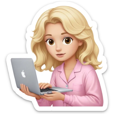 Blonde model with brown eyes, wavy hair, pastel pink pajamas, typing behind MacBook  sticker