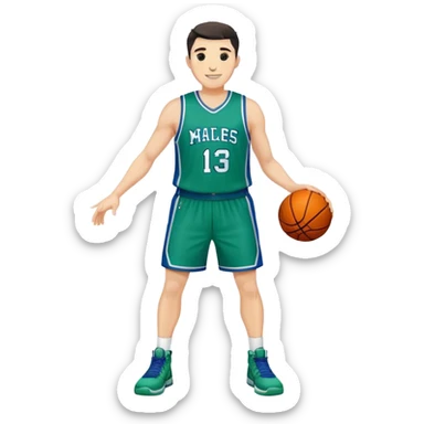 Full Body heavy white male with dark short spike hair basketball player wearing blue green uniform smiling sticker