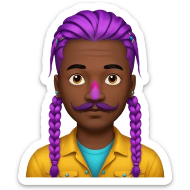 big lose braids starting from the top of the head man with mustache face wiith big visible loose only two braids and lots and lots of colored face tattoos colored tattoos like a tattoo artist hair unique color sticker