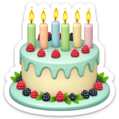 Pastel birthday cake with berries, leaves and candles  sticker