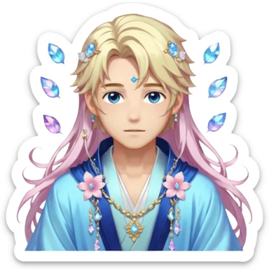 Beautiful gorgeous blushing blue-eyed youthful elegant handsome anime guy with beautiful iridescent-special-medium-long-hair, fashion aesthetic, ethereal, fairycore, pastelcore, flower petals, crystals, layered robes, accessories, jewelries, gold, colorful, shiny, trending style, outside sticker