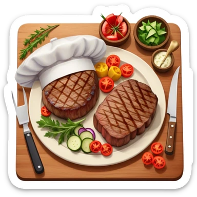 icon featuring a chef’s hat, a cutting board with fresh ingredients, a knife, a beautifully cooked ribeye steak, shashlik skewers, and a plate of food in the making. The design captures the passion of cooking with warm, inviting colors, and realistic textures. Transparent background. sticker