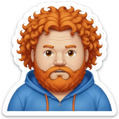 A fat guy who is wearing a blue hoodie and orange curly beard and hair mad sticker