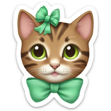 kawaii brown tabby kitten with green eyes and pastel green bow on top of head sticker