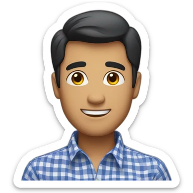 Tan man with short black hair and a gingham white/marine buttoned collar shirt sticker