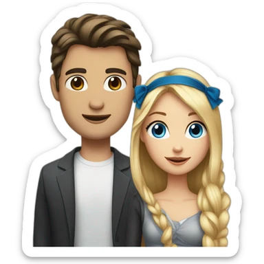 Girl with dark hair next to blond guy with blue eyes in box sticker