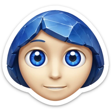 A single sapphire-blue faceted rock head, chunky and worn, with a few visible cracks and chipped facets but still shiny, big kind eyes and a confident smile sticker