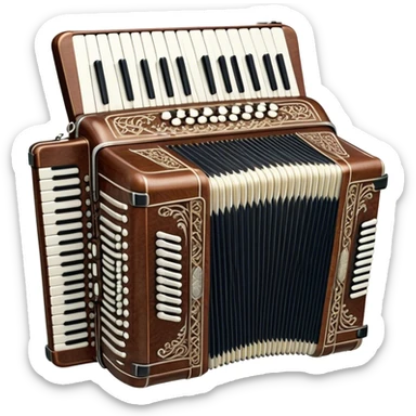 Cinematic Realistic image of a classic accordion, rendered with finely detailed textures and intricate keywork, set against a backdrop of soft, ambient lighting that highlights its vintage charm sticker