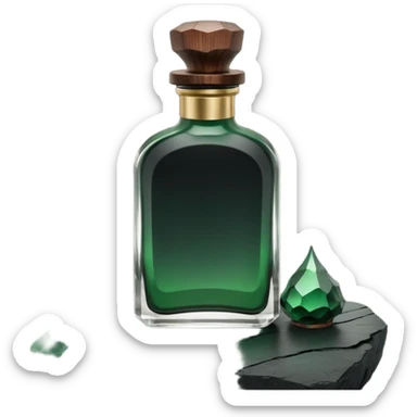 A masculine fragrance bottle featuring a gradient of deep forest green to charred black glass. The cap is made of dark walnut wood. The bottle is placed on a jagged piece of slate rock with a faint mist in the background. Earthy, moody, textured, photorealistic. sticker