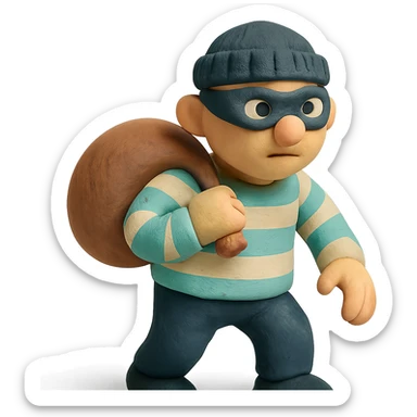 matte plasticine claymation style thief character with visible fingerprints and pastel colors sticker
