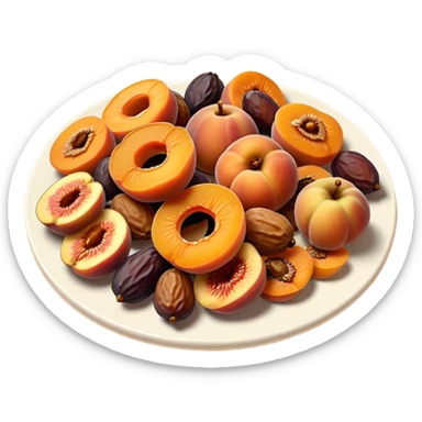 assorted dried fruits apricots figs dates raisins apple rings arranged together, realistic textures, warm tones, slight wrinkling, 3D-rendered, clean minimalist, soft shadows, gentle highlights, no anthropomorphic features, no bowl or tray, transparent background, emoji scale sticker