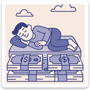 happy person napping on mattress of money sticker