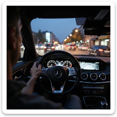 Mercedes E63 2024, photorealistic cockpit view from the driver's perspective, as if the viewer is driving, left hand on the steering wheel, night in Bucharest, city lights and motion blur outside, city traffic visible ahead through the windshield, highly realistic sticker