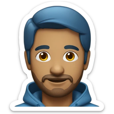 Indian man with light beard wearing a hoodie and blue shirt sticker