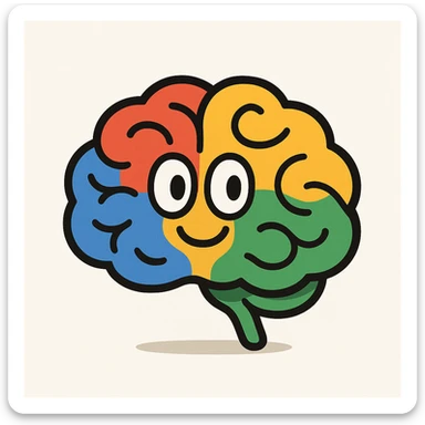 brain icon with Google's four signature colors blue red yellow green, playful and simple, white background sticker