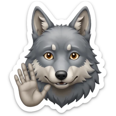  A real wolf waving his hand while he's standing but he's hand loks like a wolf's hand and looks like a grandpa sticker