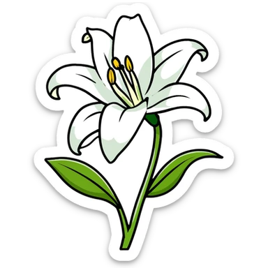 elegant white lily with six distinct petals, one unopened bud, and leafy stem sticker