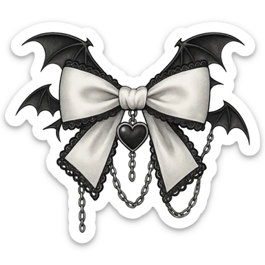 Edit the image to depict a white gothic bow with black lace trim, a heart charm, and additional gothic elements such as bat wings and silver chains. The style should be general to allow flexible editing. Remove the background. sticker