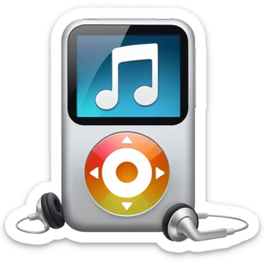 An iPod with headphones, displaying a pause button sticker