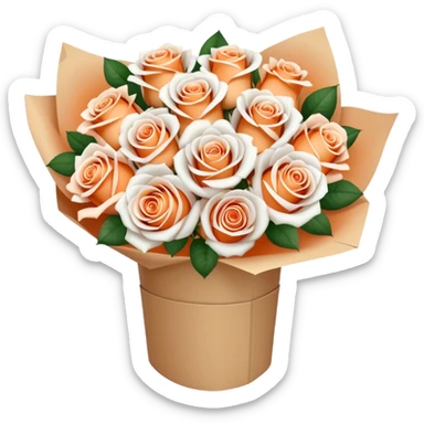 Bouquet of pastel orange and white roses in a paper package sticker