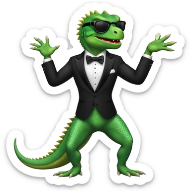 capitalist iguana banker in tuxedo and black sunglasses dancing crazy sticker