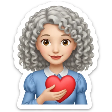 silvery curly/wavy shoulder-length hair smiling lady holding a heart thinner hair, different top sticker