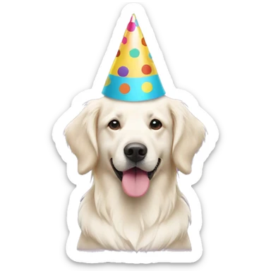 White golden retriever wearing polka dot party hat sticker
