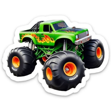 Grave Digger - Monster Jam (Model Year: 2022) (Iconic colour: Green with flames) - A legendary monster truck with a fearsome design: predominantly deep green with dynamic, vibrant flame graphics in bright orange and yellow. Highlight its rough, edgy bodywork and an aura of untamed rebellion. sticker