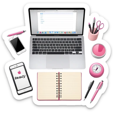 top view of a MacBook with a beauty salon logo on the screen, a notebook with one page filled with notes, and a pen laying on the notebook sticker