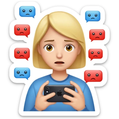 Same emoji avatar, overwhelmed expression, tired eyes, slightly stressed face, holding a smartphone with notifications piling up sticker