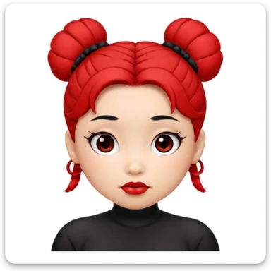 Pucca's cartoon face simplified to match apple-style emoji, round face, black hair buns, red accents, no body, no text sticker