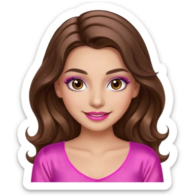 girl with long wavy brown hair, brown eyes, long lashes makeup, sexy pink lips, light to medium complexion, wearing a pink sexy silk top, smiling sticker