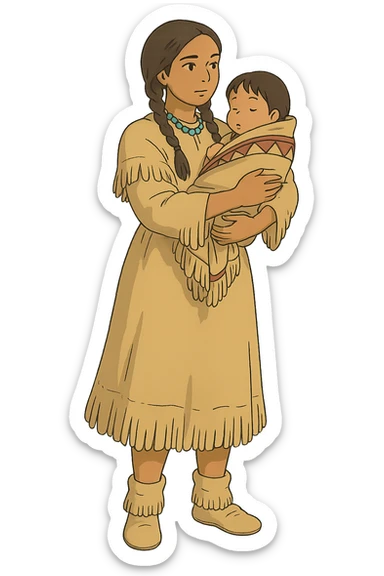 The Full body of A native American woman from the 1830s holding her child  sticker